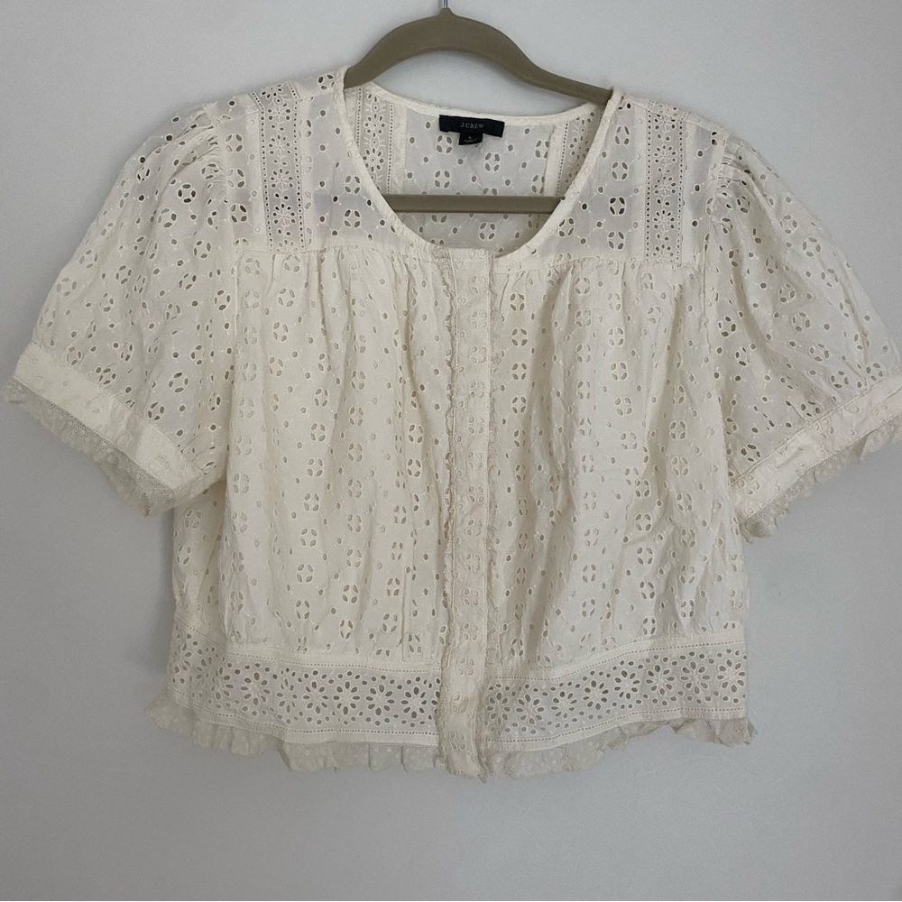 J. Crew Cream Cropped Ruffled Blouse